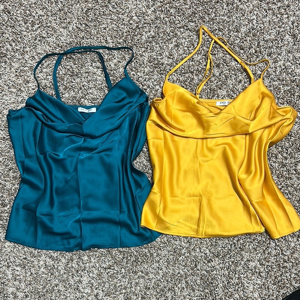 Elegant Teal and Yellow Satin Tops